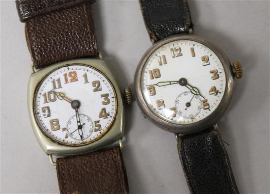 A gentlemans early 20th century silver military wrist watch and one other nickel cased wrist watch.